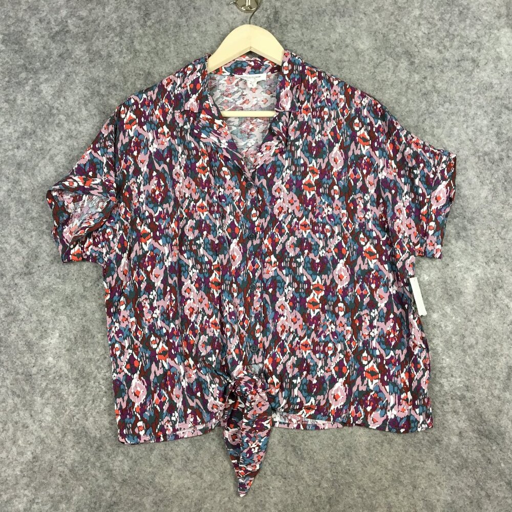 beachlunchlounge Top M Tie Front Dolman Sleeve Cuffed Ikat Print Button Up